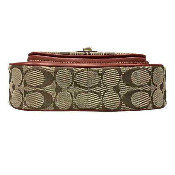 Auth COACH Signature Cricket Shoulder Bag 10566S Khaki Red Jacquard Leather - Picture 3 of 16